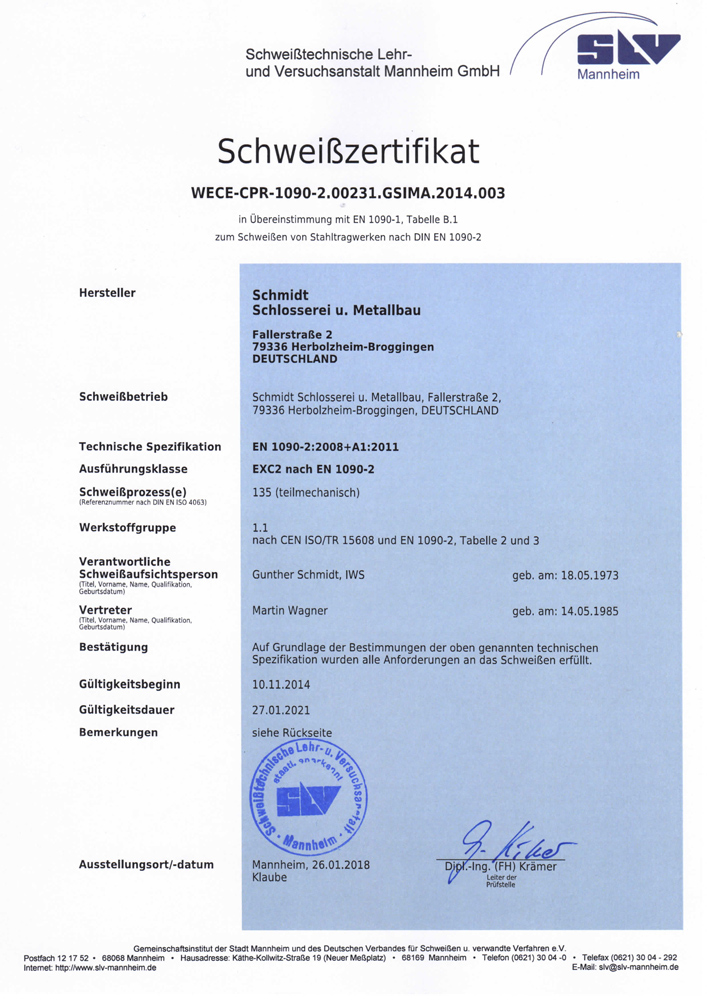 Schmidt Schlosserei & Metallbau - Schweißzertifikat